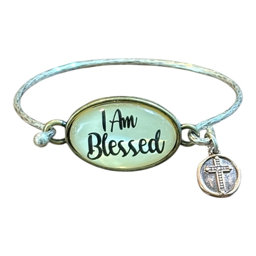 I Am Blessed Bangle Bracelet OS Silver Religious Cross‎ Charm Faith Boho